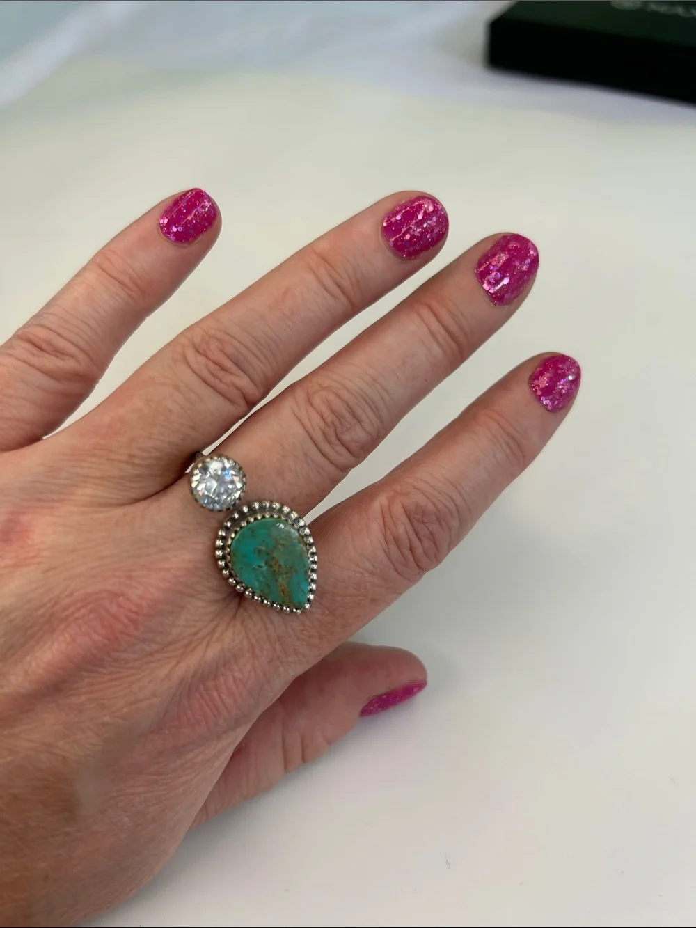 Handmade Sterling Silver Open Teardrop Turquoise & Solitaire Ring - Size 10
